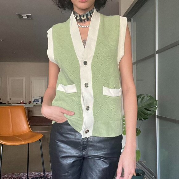 Sandro Paris Espoir Oversized Perforated Wool Cardigan Vest Sage Green Sz 1 / S - Picture 16 of 16